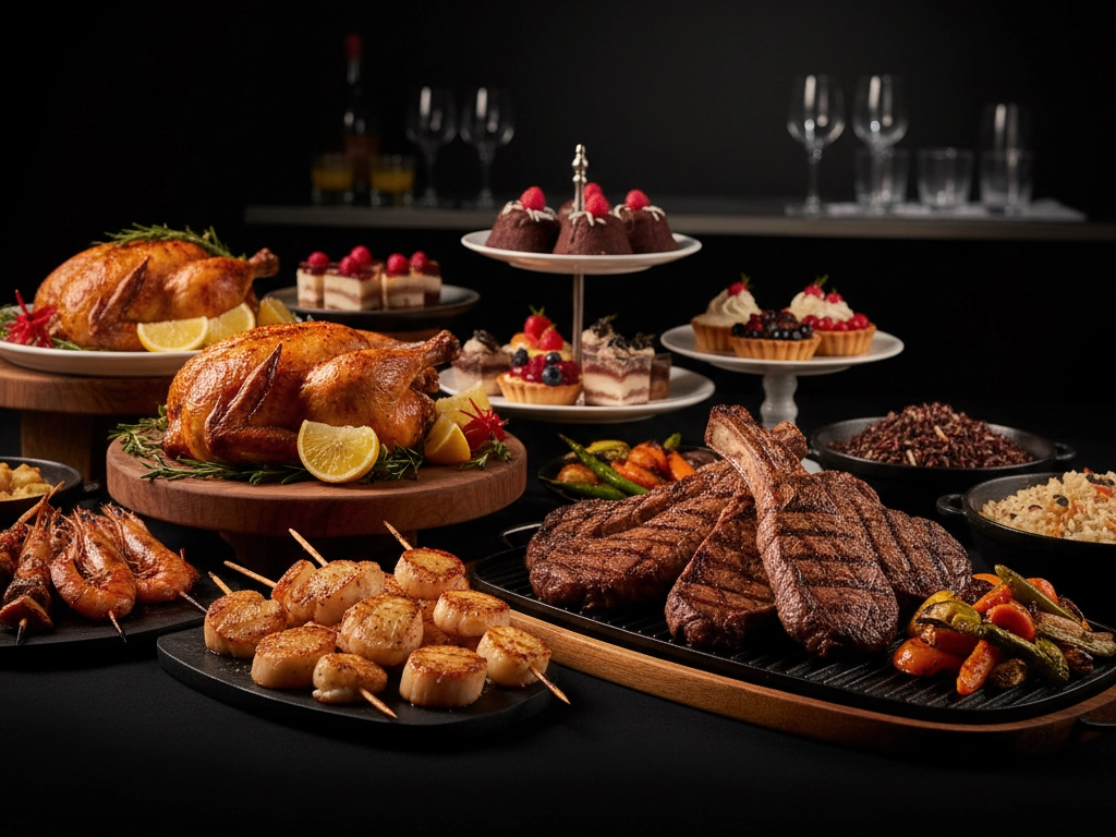 Entrada al menú del restaurante Terra Brasil con platos de buffet